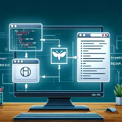 La imagen muestra una pantalla de ordenador con un formulario web en un lado y una interfaz de ERP simplificada en el otro, conectadas por líneas digitales o flechas. También se destacan elementos como fragmentos de código en PHP y iconos de bases de datos, en un entorno moderno y profesional.