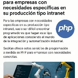 programación a medida, integración industrial, intranet empresarial Imagen abstracta y colorida que representa la programación PHP personalizada para empresas industriales, con robots, código y elementos técnicos simbolizando la automatización y la integración de sistemas.