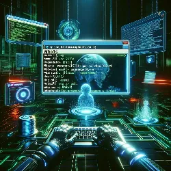 La imagen presenta un entorno futurista y ciberrealista, donde destaca un terminal brillante de neón con el comando Whois siendo tecleado. Este terminal se encuentra en el centro, rodeado por flujos de datos digitales y fragmentos de código flotantes, junto con representaciones holográficas de información de dominios e direcciones IP. La escena se desarrolla en un espacio digital oscuro, iluminado por luces de neón en tonos de azul y verde, lo que subraya el poder y la utilidad del comando Whois en el ámbito de la ciberseguridad y la administración de redes. La atmósfera de la imagen evoca una sensación de profundidad en el análisis de datos y la exploración de información de red, encapsulando la esencia de la herramienta Whois dentro del vasto mundo de la tecnología y la seguridad informática.
