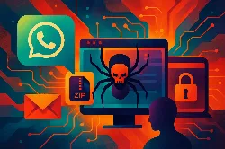 whatsapp La imagen presenta un entorno digital inquietante, con un fondo de colores cálidos y circuitos. En el centro, un monitor muestra una araña con una calavera, simbolizando una amenaza cibernética. A su alrededor, se encuentran íconos de aplicaciones como WhatsApp y un archivo ZIP, junto a un sobre que representa el correo electrónico. La escena evoca una sensación de alerta y vulnerabilidad ante los peligros de la tecnología y la seguridad en línea.