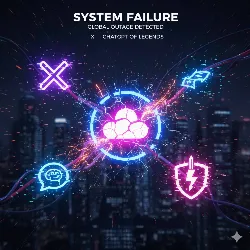 La imagen muestra un entorno digital futurista con un fondo de ciudad iluminada. En el centro, un símbolo de nube roto indica una falla del sistema, rodeado de destellos de luz. Iconos de advertencia y comunicación flotan alrededor, sugiriendo un colapso global. La combinación de colores brillantes y efectos visuales transmite una sensación de caos y urgencia, reflejando la gravedad de la situación. La escena evoca inquietud y la necesidad de soluciones rápidas.