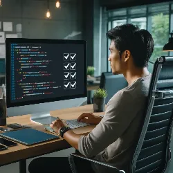 estándares W3C, compatibilidad web, accesibilidad web La imagen muestra a un diseñador web profesional, un hombre asiático en sus 30, sentado en un espacio de trabajo moderno y minimalista. Está concentrado, revisando un sitio web en la pantalla de su computadora, que muestra código y una lista de verificación con marcas de verificación. El ambiente refleja un enfoque en la diligencia y los altos estándares en el desarrollo web.