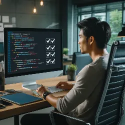 La imagen muestra a un diseñador web profesional, un hombre asiático en sus 30, sentado en un espacio de trabajo moderno y minimalista. Está concentrado, revisando un sitio web en la pantalla de su computadora, que muestra código y una lista de verificación con marcas de verificación. El ambiente refleja un enfoque en la diligencia y los altos estándares en el desarrollo web.