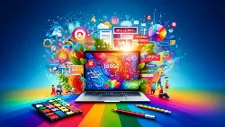 La imagen es vibrante y visualmente llamativa, ideal para representar la creación de una marca en el marketing digital. En el centro, hay una laptop colorida con una pantalla dinámica que muestra el proceso de creación de un logotipo. Alrededor de la laptop, hay diversos iconos de redes sociales, gráficos que representan contenido atractivo como blogs, videos y infografías. Además, se ven elementos como una paleta de colores y un conjunto de opciones tipográficas. En el fondo, se observa un grupo diverso de personas felices interactuando con la marca en línea. El fondo de la imagen es brillante, con una mezcla de múltiples colores, simbolizando la creatividad y la innovación en el marketing digital.