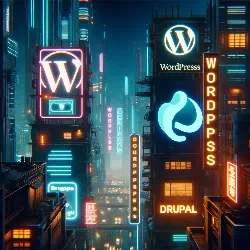 Wordpress, Drupal imagen de una ciudad en un entorno ciberpunk donde aparecen las palabras "WordPress" y "Drupal". La escena refleja un paisaje nocturno futurista típico del estilo ciberpunk, con rascacielos, luces de neón y un ambiente oscuro y melancólico. Las palabras están destacadas en letreros de neón sobre los edificios, brillando intensamente en la noche.