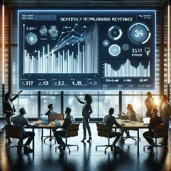 La imagen muestra un ambiente de oficina moderno y elegante, con un gran pantalla iluminada que exhibe gráficos y diagramas relacionados con los ingresos recurrentes mensuales (MRR). En primer plano, un equipo diverso de profesionales está involucrado en una discusión, con uno de ellos señalando una tendencia específica en la pantalla. La sala está bien iluminada, subrayando una atmósfera de innovación y planificación estratégica. El ambiente sugiere productividad, trabajo en equipo y enfoque en el crecimiento financiero. Además, se incluyen elementos que sugieren el uso de software avanzado para la gestión financiera y la facturación, como computadoras modernas y tabletas digitales en los escritorios.