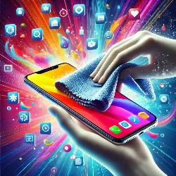 limpiar pantalla móvil, gamuza microfibra, limpieza segura dispositivos La imagen muestra un teléfono móvil con la pantalla siendo limpiada por una mano que usa una gamuza de microfibra. La gamuza es suave y está en tonos claros, lo que representa su delicadeza para no dañar la pantalla. Alrededor del teléfono flotan íconos coloridos, como burbujas de colores brillantes que representan la limpieza, la protección y la tecnología móvil. El fondo es un degradado en muchos colores, desde azules, verdes y amarillos hasta tonos cálidos como rojos y naranjas, lo que da una sensación vibrante y fresca, simbolizando la limpieza y el cuidado del dispositivo.