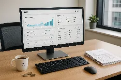 Pantalla de ordenador en una oficina moderna que muestra el software de facturación AR6 de SeoXan Tech con gráficos de ventas, facturas recurrentes y datos de clientes. En el escritorio hay un teclado, un ratón, una taza de café y documentos.