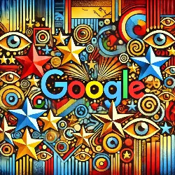 google, reseña de google, borrar reseña Imagen abstracta y colorida que representa cómo las reseñas en Google afectan a las empresas sin control. Se ven formas que simulan estrellas, un mapa estilizado y símbolos de vigilancia, reflejando la exposición forzada