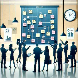 SCRUM La imagen ilustra el concepto abstracto de la metodología SCRUM utilizada en la gestión ágil de proyectos. Muestra un grupo de individuos diversos de pie alrededor de un tablero lleno de notas adhesivas, que simbolizan las tareas. Estas figuras están involucradas en una discusión y colaboración, señalando y haciendo notas. En el fondo, se puede ver un reloj o un calendario, lo que enfatiza la importancia de la gestión del tiempo. El ambiente es profesional, posiblemente en un entorno de oficina moderno, con un enfoque claro en el trabajo en equipo, la planificación y el seguimiento del progreso.