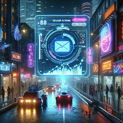 imagen con un entorno ciberpunk, que representa visualmente el tema sobre el Sender Score. La escena muestra un entorno urbano futurista con elementos de tecnología avanzada, perfectamente alineado con el contexto de marketing por correo electrónico en un mundo tecnológicamente avanzado.