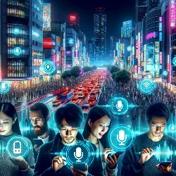 seo Imagen que muestra personas buscando en su teléfono móvil por voz en un ambiente ciberpunk
