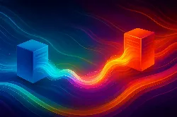 transferencia de dominio, contratar hosting, formulario SeoXan La imagen presenta dos bloques tridimensionales, uno azul y otro rojo, conectados por un flujo de colores vibrantes que se despliega en ondas. El fondo es oscuro, lo que resalta la intensidad de los colores. Esta escena evoca una sensación de conexión y transferencia de energía, simbolizando la comunicación o el intercambio de datos. La combinación de colores cálidos y fríos sugiere dinamismo y armonía, generando una atmósfera de innovación y tecnología.