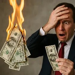 startups ronderas, quema de capital, rentabilidad emprendedora La imagen muestra a un hombre de traje oscuro y corbata roja con una expresión de pánico extremo en el rostro. Su mano izquierda sostiene un billete de 100 dólares mientras su mano derecha se apoya en su frente, como si no pudiera creer lo que está viendo. Frente a él, un fajo de billetes arde intensamente, con llamas naranjas y amarillas envolviendo los billetes, que claramente están siendo consumidos por el fuego. El fondo es neutro y gris, lo que enfoca toda la atención en la escena dramática del dinero en llamas y la reacción del hombre. La imagen transmite una sensación de urgencia, pérdida y caos financiero.