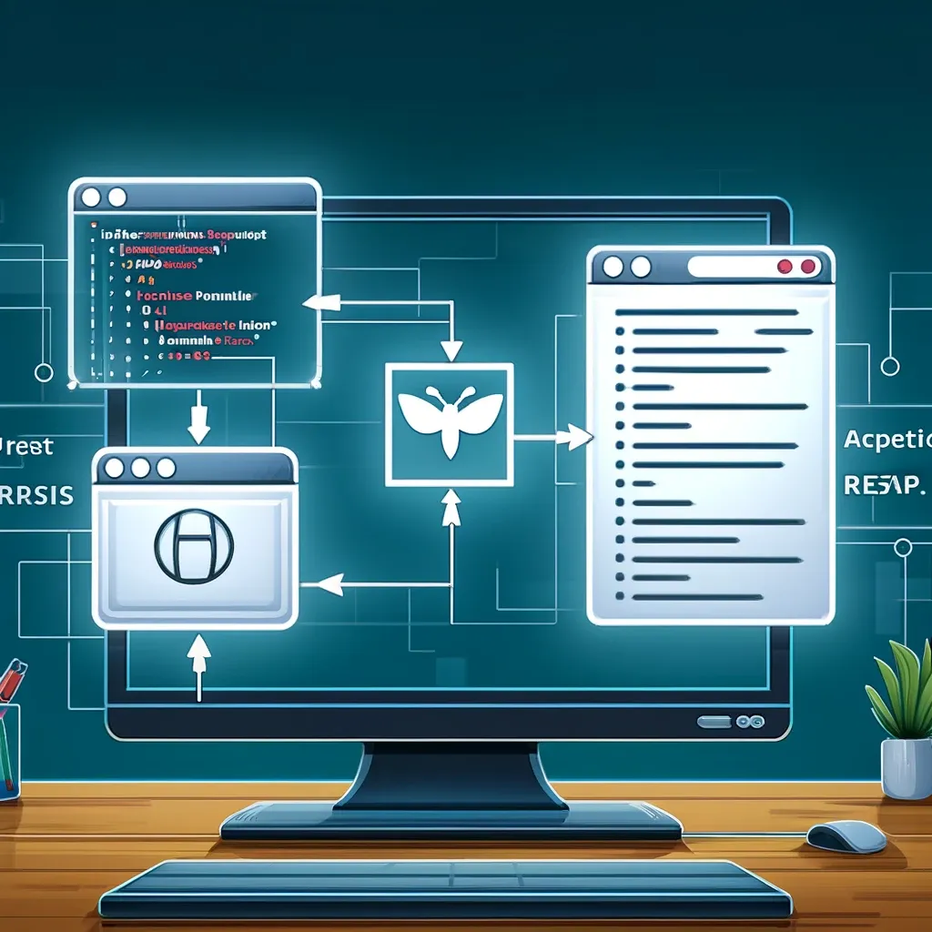 La imagen muestra una pantalla de ordenador con un formulario web en un lado y una interfaz de ERP simplificada en el otro, conectadas por líneas digitales o flechas. También se destacan elementos como fragmentos de código en PHP y iconos de bases de datos, en un entorno moderno y profesional.