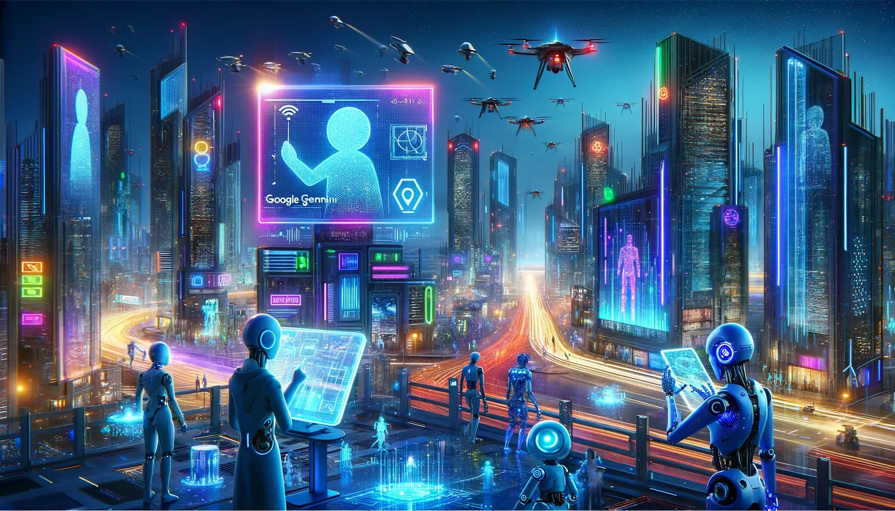 Imagina un paisaje urbano ciberpunk futurista con rascacielos iluminados por neón, donde robots avanzados y humanos interactúan utilizando dispositivos Google Gemini. Incluye pantallas holográficas mostrando códigos complejos y gráficos de inteligencia artificial, con un fondo de cielo nocturno lleno de drones y vehículos voladores