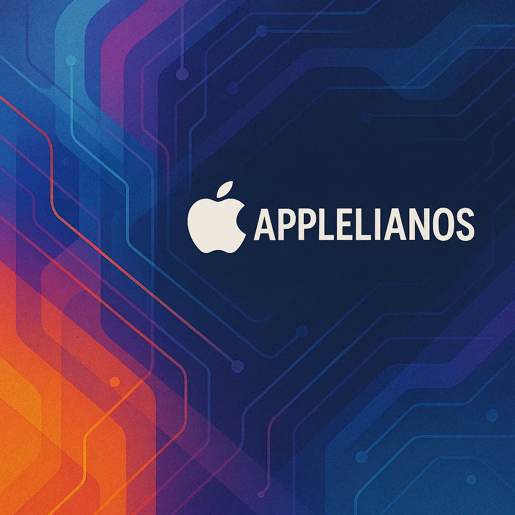 Diseño abstracto colorido con circuitos digitales y el logo de Applelianos, que representa la colaboración tecnológica entre Seoxan y el popular podcast.