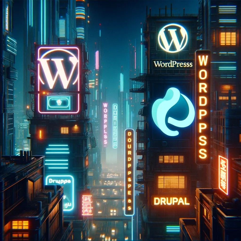  imagen de una ciudad en un entorno ciberpunk donde aparecen las palabras "WordPress" y "Drupal". La escena refleja un paisaje nocturno futurista típico del estilo ciberpunk, con rascacielos, luces de neón y un ambiente oscuro y melancólico. Las palabras están destacadas en letreros de neón sobre los edificios, brillando intensamente en la noche.