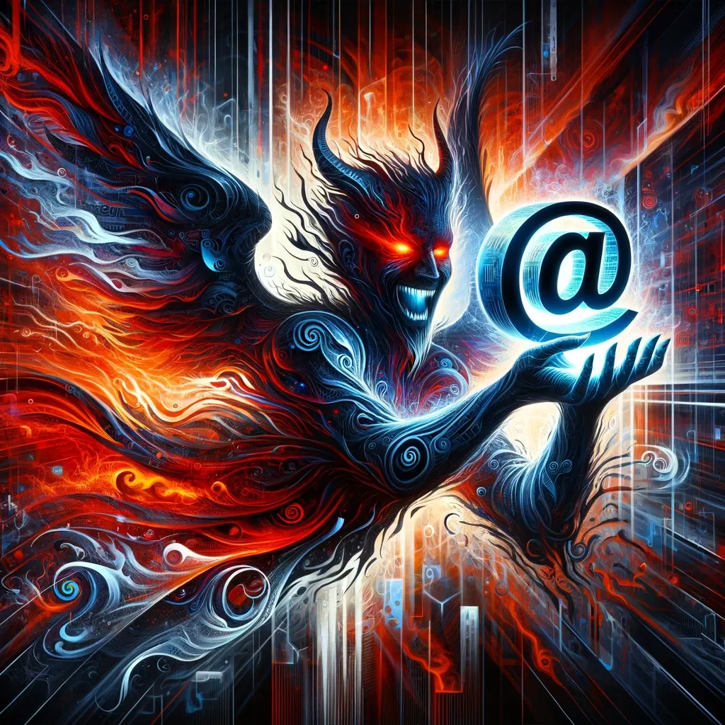La imagen muestra una figura estilizada y casi demoníaca sosteniendo un símbolo de email resplandeciente, en un fondo caótico de códigos digitales y elementos ardientes, todo en una mezcla vibrante de rojo, negro y azul eléctrico.
