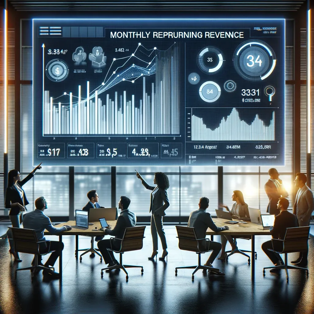 La imagen muestra un ambiente de oficina moderno y elegante, con un gran pantalla iluminada que exhibe gráficos y diagramas relacionados con los ingresos recurrentes mensuales (MRR). En primer plano, un equipo diverso de profesionales está involucrado en una discusión, con uno de ellos señalando una tendencia específica en la pantalla. La sala está bien iluminada, subrayando una atmósfera de innovación y planificación estratégica. El ambiente sugiere productividad, trabajo en equipo y enfoque en el crecimiento financiero. Además, se incluyen elementos que sugieren el uso de software avanzado para la gestión financiera y la facturación, como computadoras modernas y tabletas digitales en los escritorios.