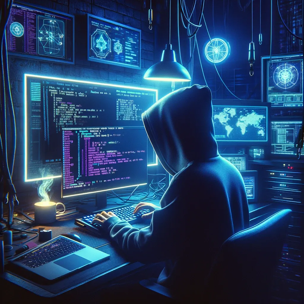 Imagina una escena ambientada en un oscuro cuarto de hacking, iluminado por luces de neón en tonos azules y violetas, típicos del estilo cyberpunk. En el centro, un hacker con una capucha está sentado frente a un escritorio, tecleando en un teclado retroiluminado. La pantalla frente al hacker muestra una terminal de Linux con el comando host claramente visible en la línea de comandos. Alrededor de la ventana de la terminal, hay varios gráficos complejos que representan redes y mapas digitales, sugiriendo una operación avanzada de hacking o espionaje digital.

La habitación está adornada con elementos típicos del cyberpunk: cables colgando, pantallas adicionales mostrando códigos y datos en tiempo real, y tal vez una taza de café humeante a un lado, sugiriendo largas horas de trabajo. La iluminación tenue y los detalles de la escena combinan una sensación de misterio y tecnología avanzada.

Esta imagen capturaría la esencia del hacking en un entorno moderno y altamente tecnológico, alineándose perfectamente con el tema de tu artículo sobre el uso del comando host en Linux.