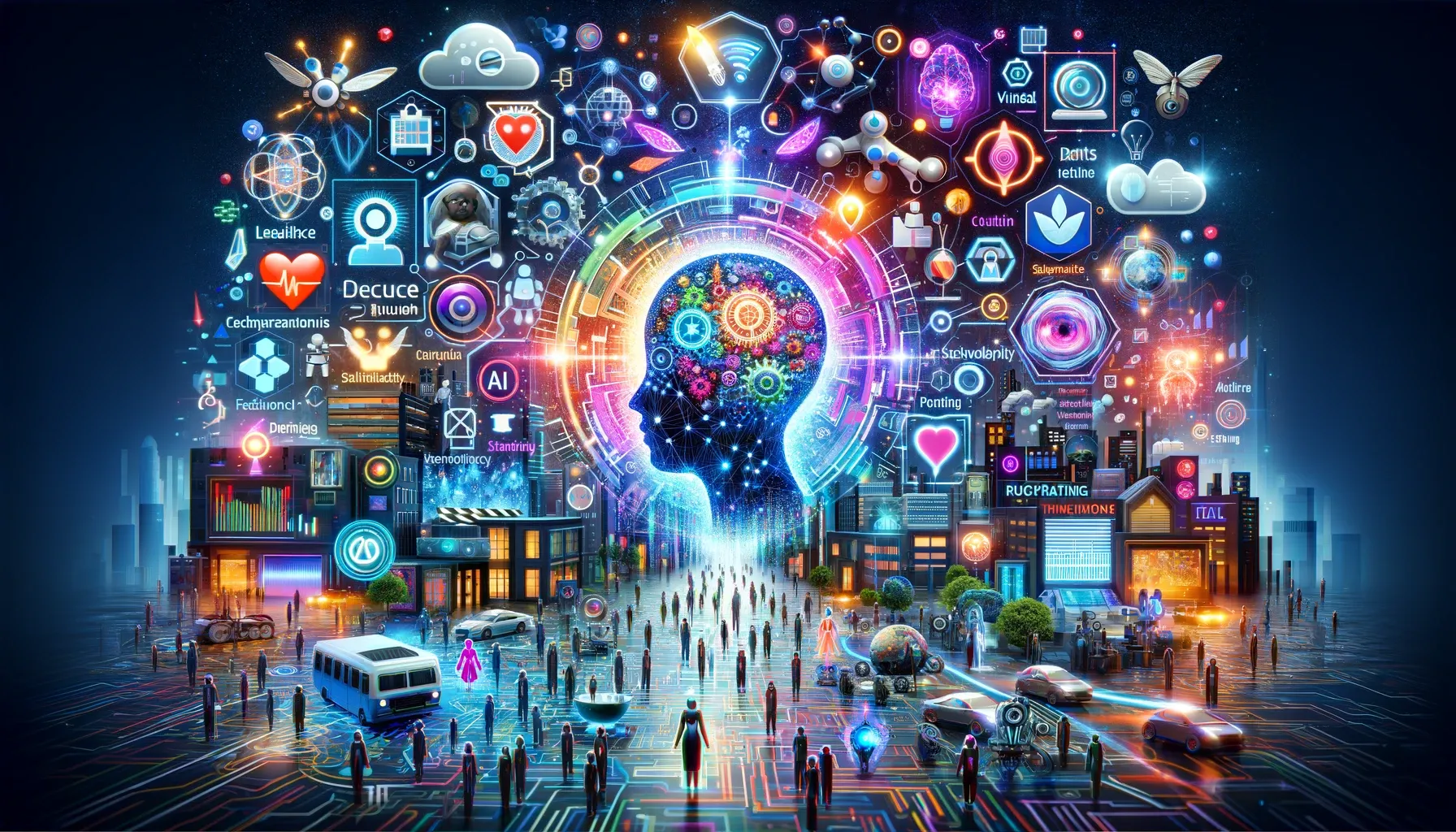 La imagen representa un collage digital futurista y vibrante que ilustra el impacto de la inteligencia artificial en diferentes industrias. En la escena, se pueden observar representaciones simbólicas de la IA en diversos sectores como la salud, educación, marketing y ciberseguridad. La imagen está llena de actividad, mostrando herramientas de IA transformando estos campos.