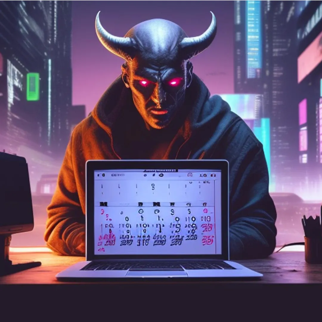 Imagen donde aparece el diablo revisando un calendario en un fondo ciberpunk