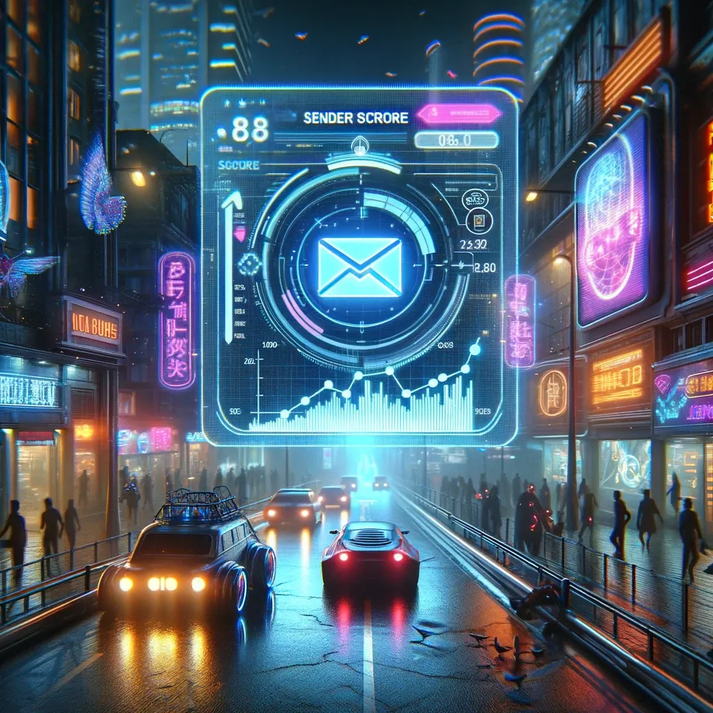 imagen con un entorno ciberpunk, que representa visualmente el tema sobre el Sender Score. La escena muestra un entorno urbano futurista con elementos de tecnología avanzada, perfectamente alineado con el contexto de marketing por correo electrónico en un mundo tecnológicamente avanzado.