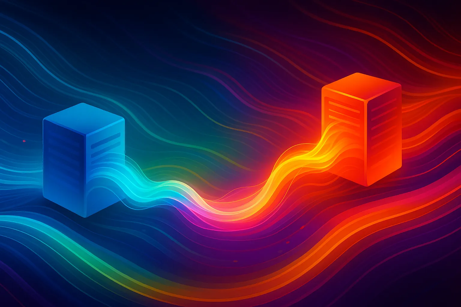 La imagen presenta dos bloques tridimensionales, uno azul y otro rojo, conectados por un flujo de colores vibrantes que se despliega en ondas. El fondo es oscuro, lo que resalta la intensidad de los colores. Esta escena evoca una sensación de conexión y transferencia de energía, simbolizando la comunicación o el intercambio de datos. La combinación de colores cálidos y fríos sugiere dinamismo y armonía, generando una atmósfera de innovación y tecnología.