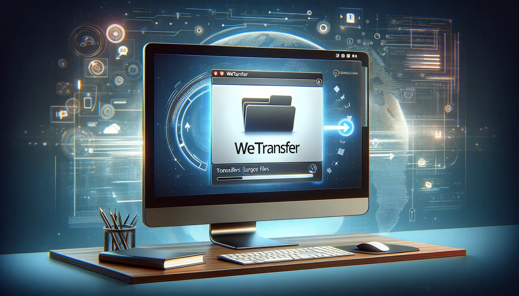 La imagen muestra una interfaz de computadora moderna, elegante y fácil de usar, destacando a WeTransfer en acción. Se observa una pantalla con un archivo grande en proceso de carga, indicado por una barra de progreso. El diseño de la interfaz es profesional y atractivo, reflejando la facilidad y eficiencia de transferir archivos grandes a través de WeTransfer. Se incluyen elementos como una barra de progreso, un icono de archivo y una interfaz similar a la de un correo electrónico, ilustrando el concepto de compartir archivos y superar las limitaciones de los emails. La temática general de la imagen sugiere tecnología y comunicación digital, siendo adecuada para el encabezado de un artículo de blog tecnológico